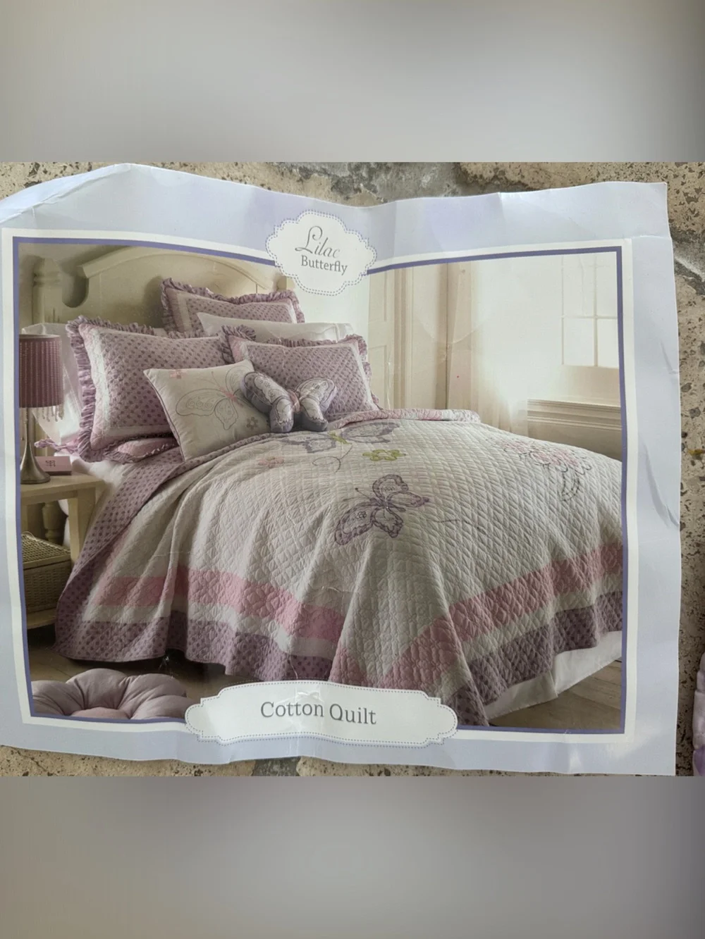 Butterfly & Floral Quilt Throw in Pink and Purple with matching sham and pillows